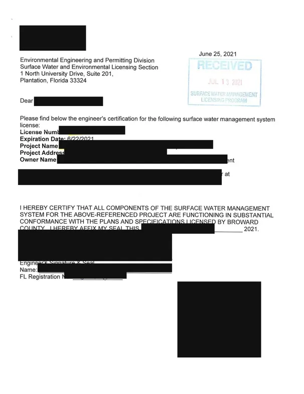 Signed and sealed Florida professional engineer certification filed with Broward County Surface Water Management, with client details redacted